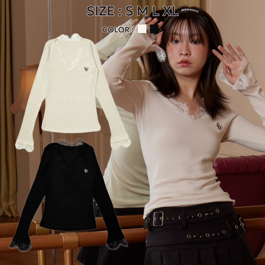 Bemingtop721(S-XL) - Lace Whisper Top เเขนยาวลูกไม้ ดีไซน์คอวีผ่าลึก ดู ...