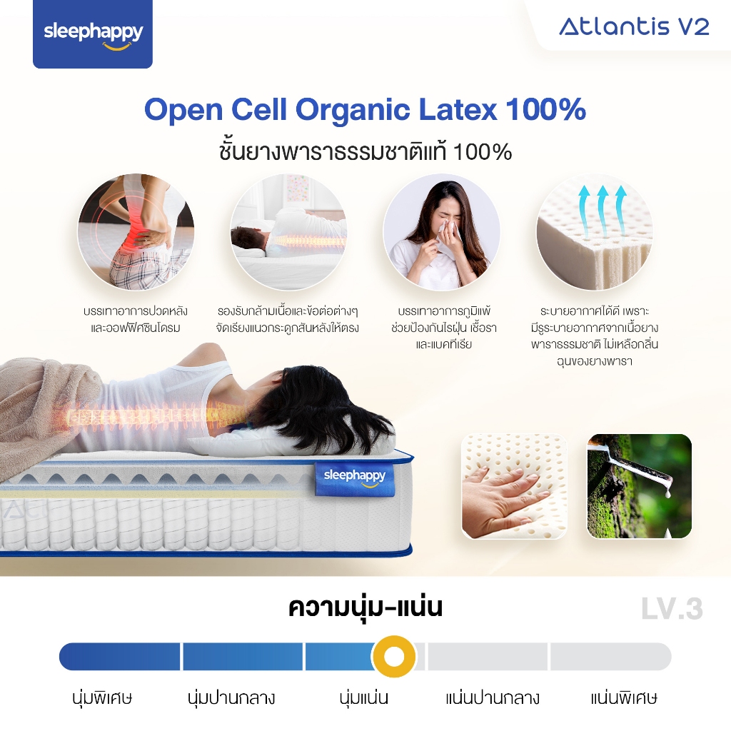 SleepHappy รุ่น Atlantis V2 และ Atlantis V2 Lite ที่นอนยางพาราพ็อกเก็ตสปริง ผสานนวัตกรรมชาโคล สัมผัสนุ่มเด้งและแน่นนุ่ม รองรับสรีระ ลดอาการปวดหลัง