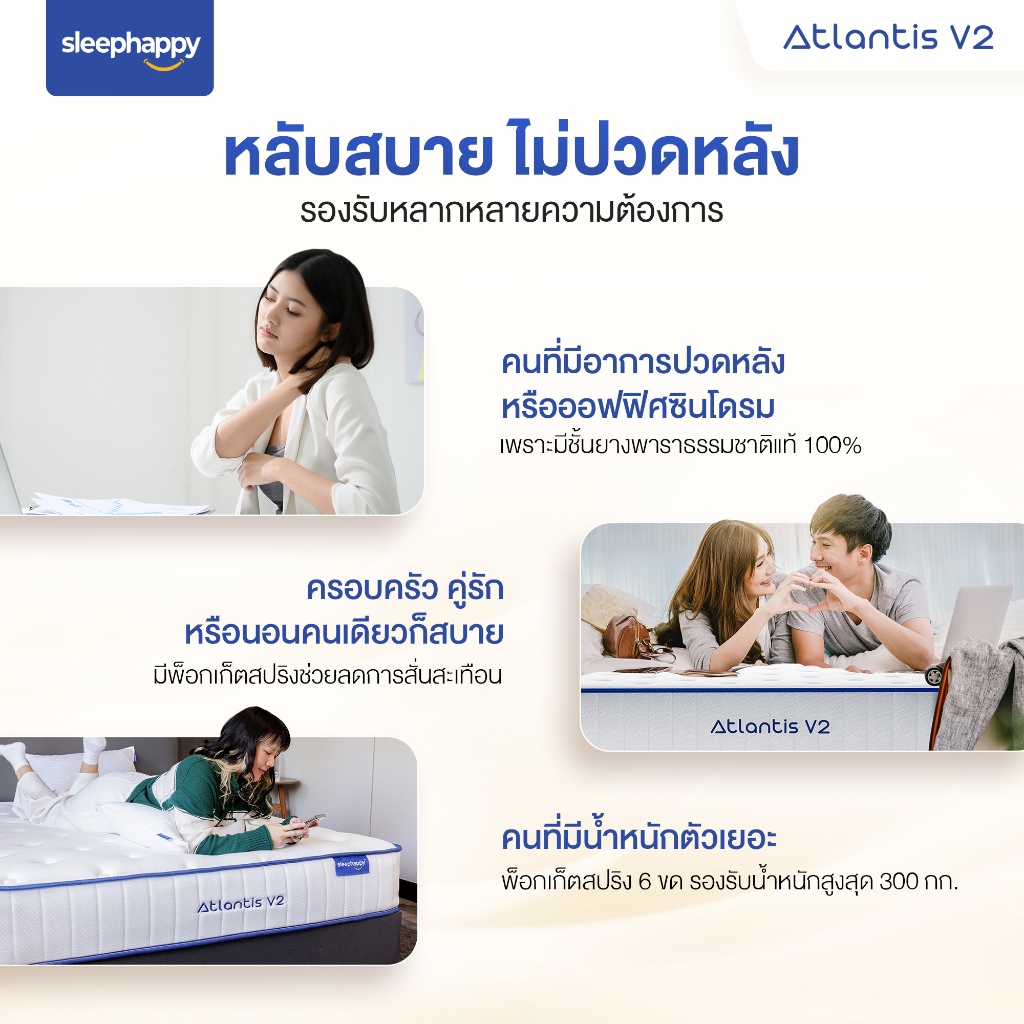 SleepHappy รุ่น Atlantis V2 และ Atlantis V2 Lite ที่นอนยางพาราพ็อกเก็ตสปริง ผสานนวัตกรรมชาโคล สัมผัสนุ่มเด้งและแน่นนุ่ม รองรับสรีระ ลดอาการปวดหลัง