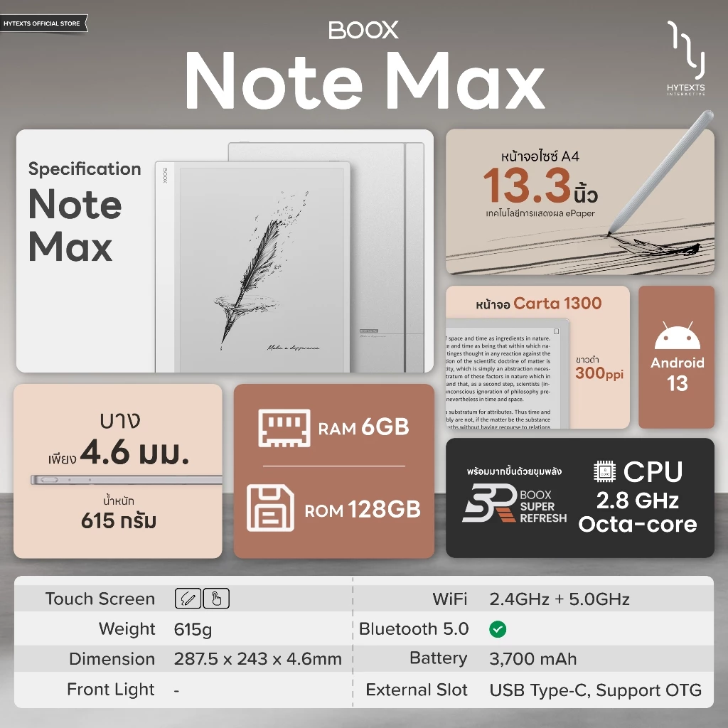 BOOX E-reader Note Max 13.3 นิ้ว ปี 2024 จอขาวดำ Carta1300 คมชัด300ppi RAM 6GB ROM 128GB