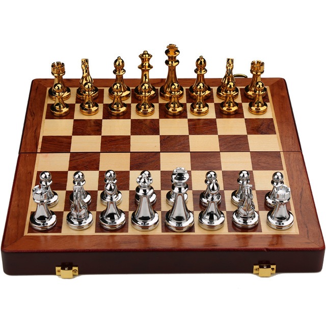 ชุดหมากรุกสากลไม้พับ (ตัวZinc Alloy สีgold & silver) Wooden Chess Set ...