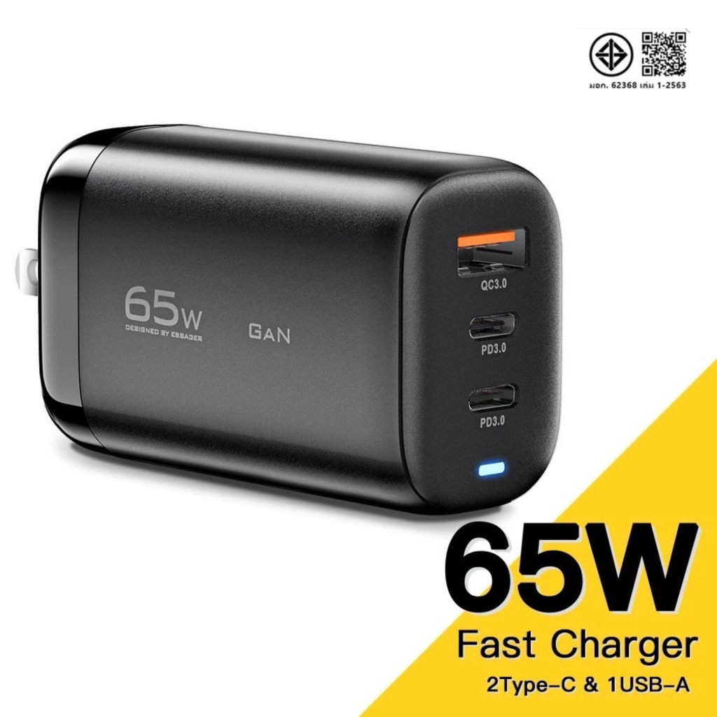 Essager GaN อุปกรณ์ชาร์จเร็ว 65W US QC 3.0 PD3.0 Type C สําหรับ Samsung Huawei แล็ปท็อป ส่งด่วน1-2ถึง B03