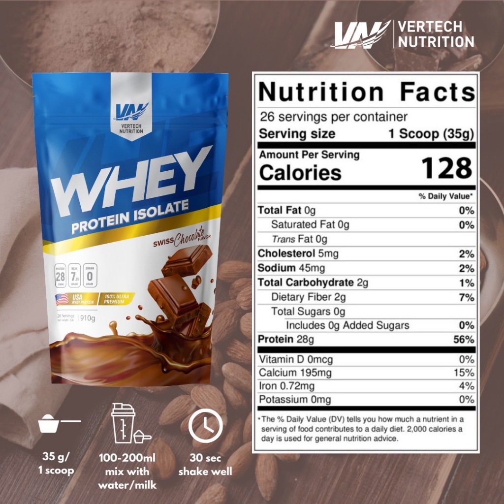 VERTECH NUTRITION WHEY PROTEIN ISOLATE 100% เวย์โปรตีน ไอโซเลท ดูดซึมไว โปรตีนนำเข้าจากอเมริกา (2LB) ช่วยเสริมสร้างกล้ามเนื้อและลดไขมัน