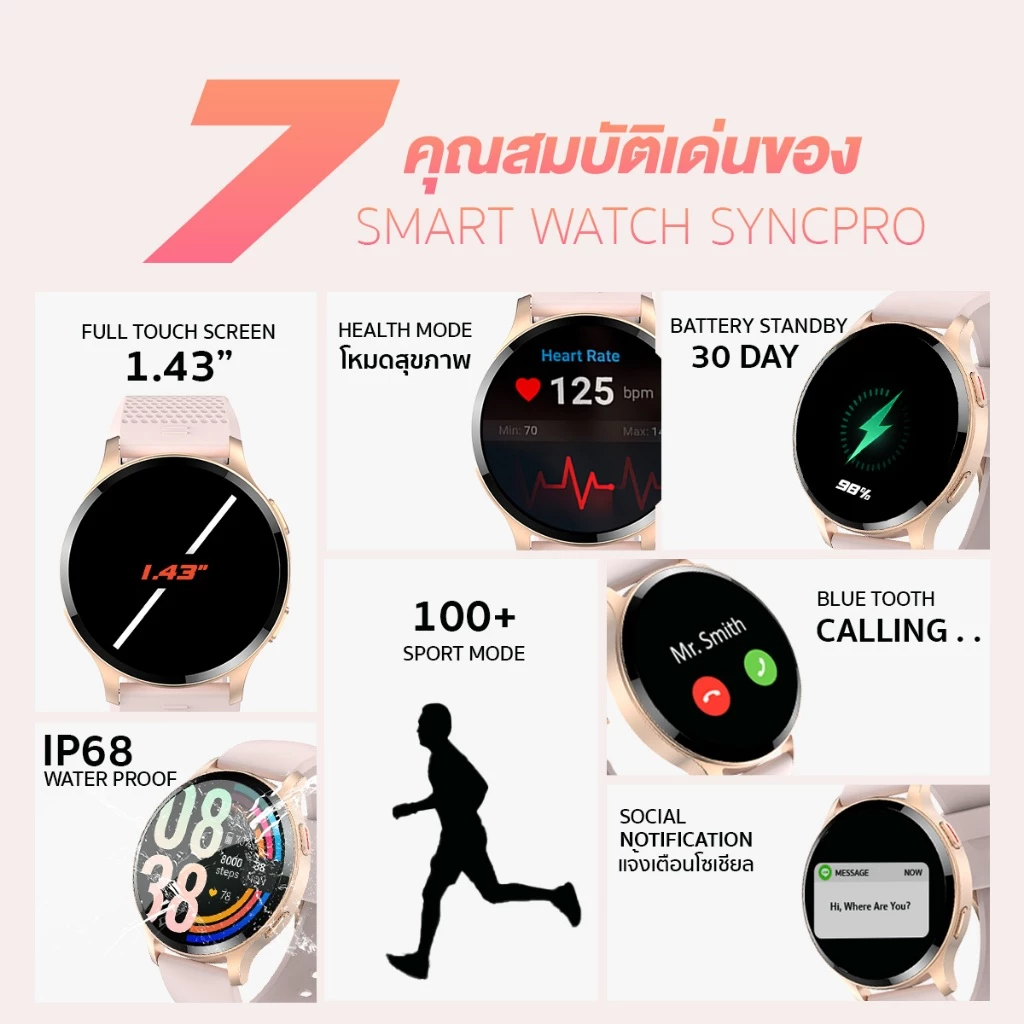 AXON Sync Pro Smartwatch นาฬิกาอัจฉริยะเพื่อสุขภาพ จอใหญ่ โทรได้ วัดชีพจร SpO2 กันน้ำ