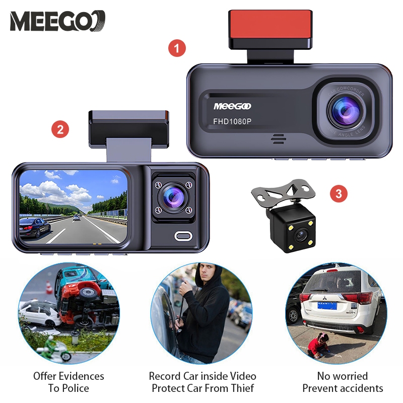 MeeGoo 4K 1080P กล้องติดรถ 2 นิ้ว 3 กล้อง dash cam เครื่องบันทึกการขับ โหมดกลางคืน จับการเคลื่อนไหว