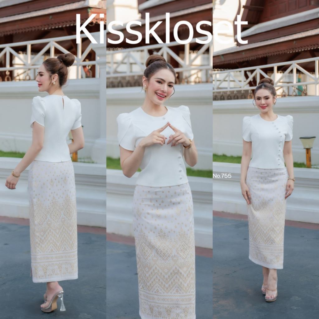 KS755 เซตทำบุญสุดหรู! เสื้อไหมญี่ปุ่นแขนกลีบบัว+กระโปรงลายเทียนหยด ไซส์ S-3XL