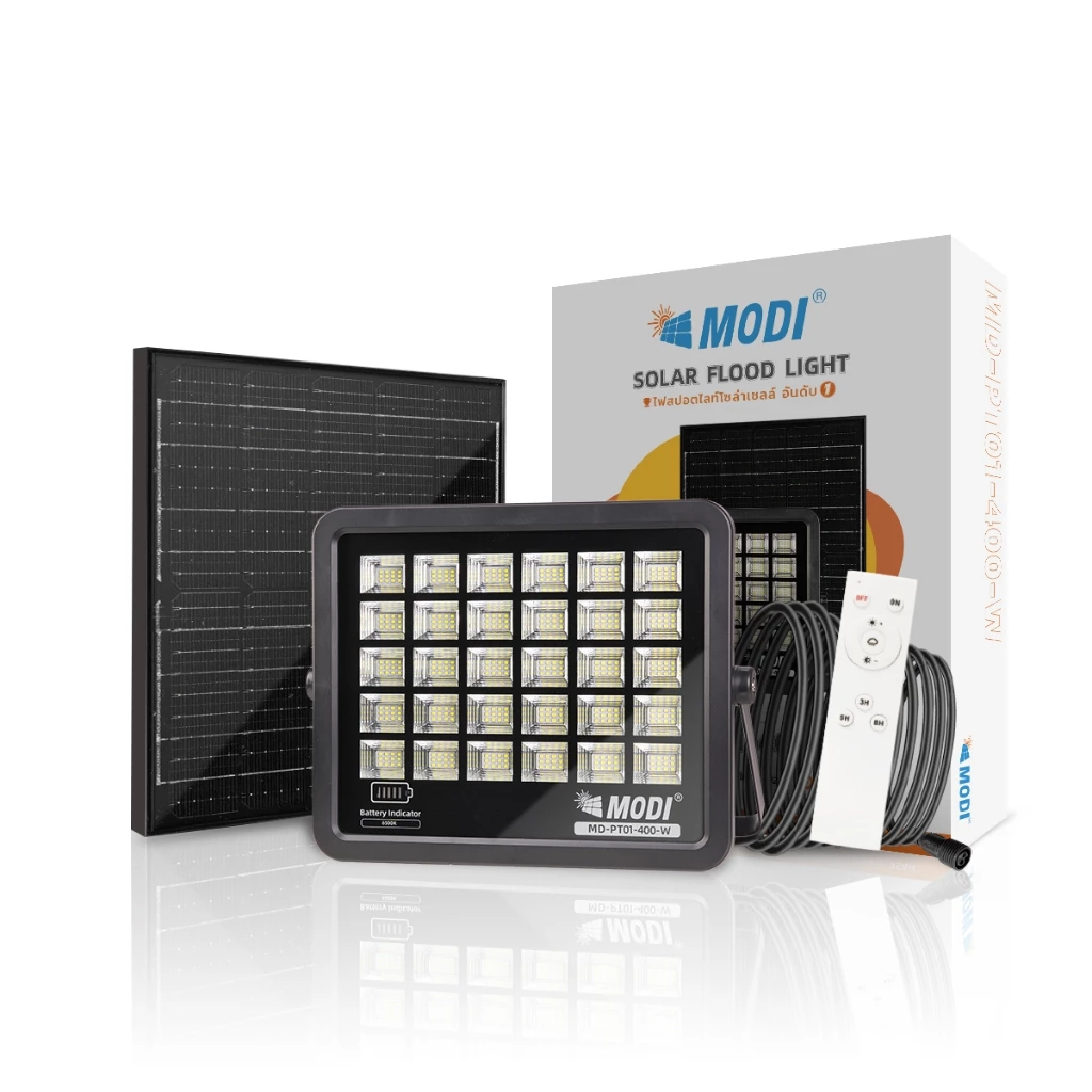 MODI ไฟสปอตไลท์โซล่าเซลล์ 50W/80W/200W/300W/400W แสงขาว สปอร์ตไลท์พลังงานแสงอาทิตย์ กันน้ำ IP65 พร้อมรีโมท