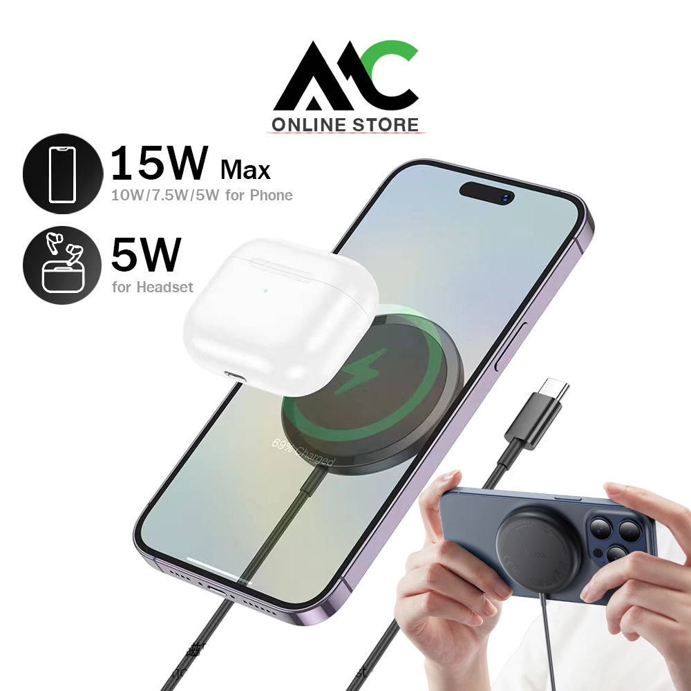 Hoco CW52 แท่นชาร์จไร้สาย แม่เหล็ก Qi 2in1 จ่ายไฟ 15W สำหรับ สมาร์ทโฟน ...