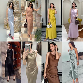 📌📌 พร้อมส่ง ครบสี S M L 🏷️ALOT Starfall เดรสซาติน เดรสแขนกุด เรียบหรู ชุดราตรี ชุดออกงาน