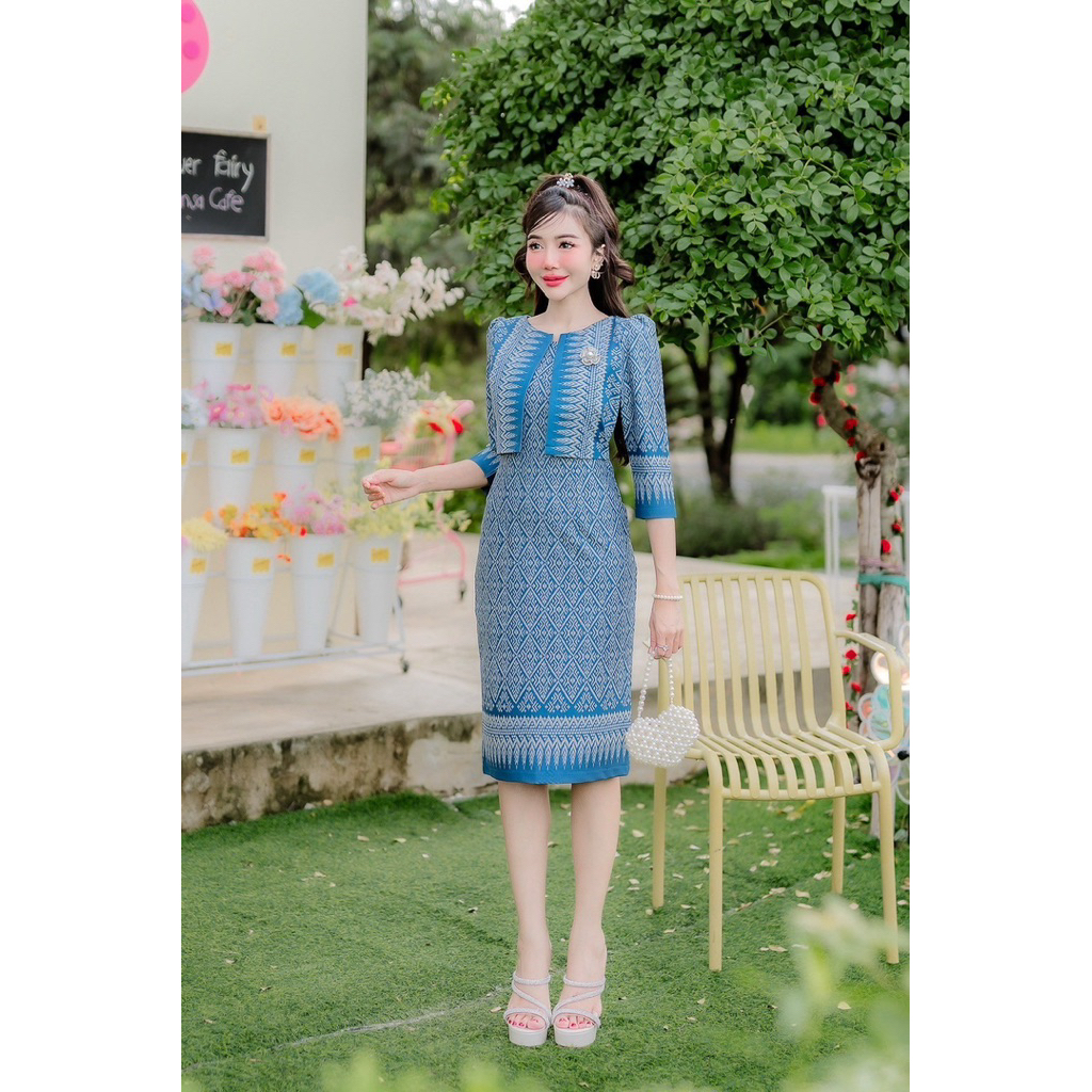 เดรสลายไทยผ้าไหมญี่ปุ่น กระชับทรง สวยทุกรูป ใส่สบายไม่ต้องรีด มุมมองที่ 5