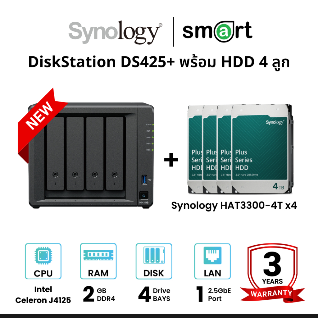 New! Synology DiskStation DS425+ 4-Bay NAS + 4 x Synology HDD 4TB/6TB ...