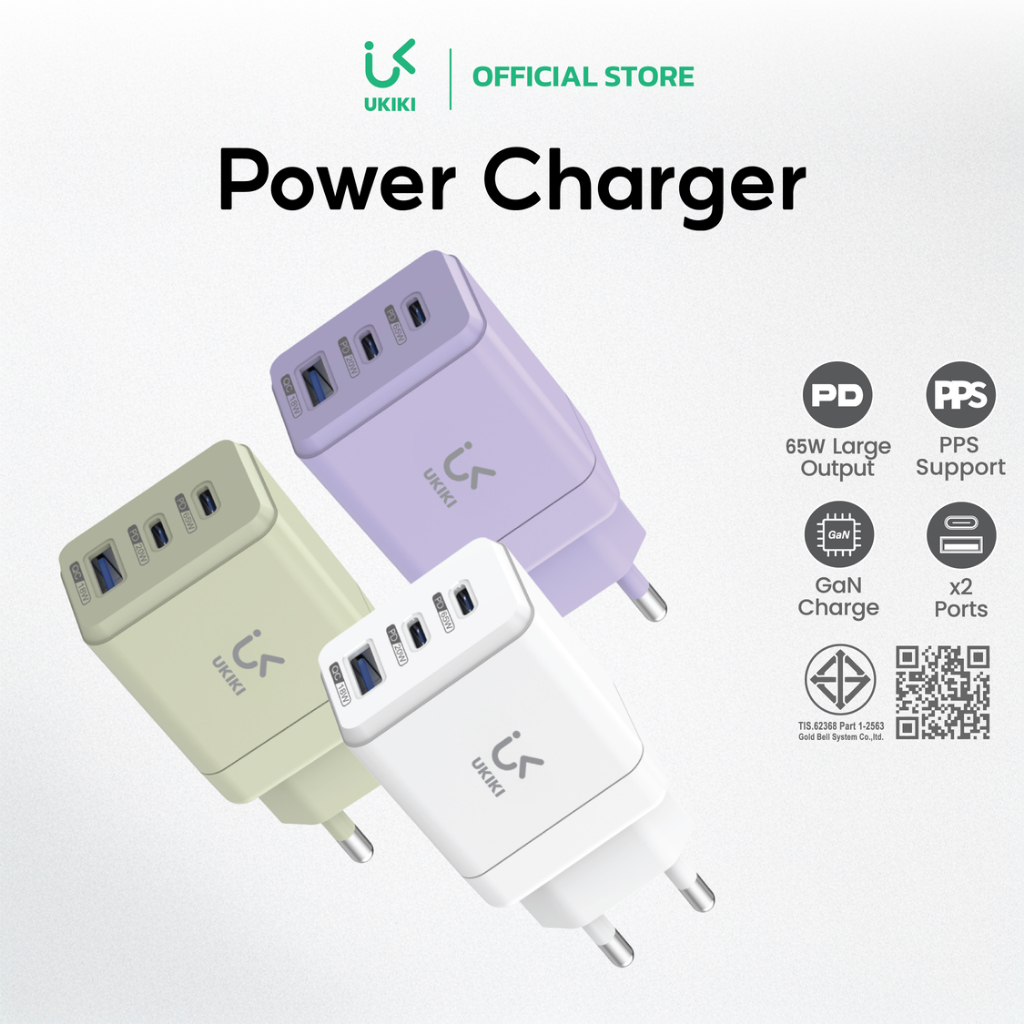 UKIKI Adapter หัวชาร์จเร็ว PD65W พอร์ต USBx2 & Type-C อะแดปเตอร์ชาร์จ ...