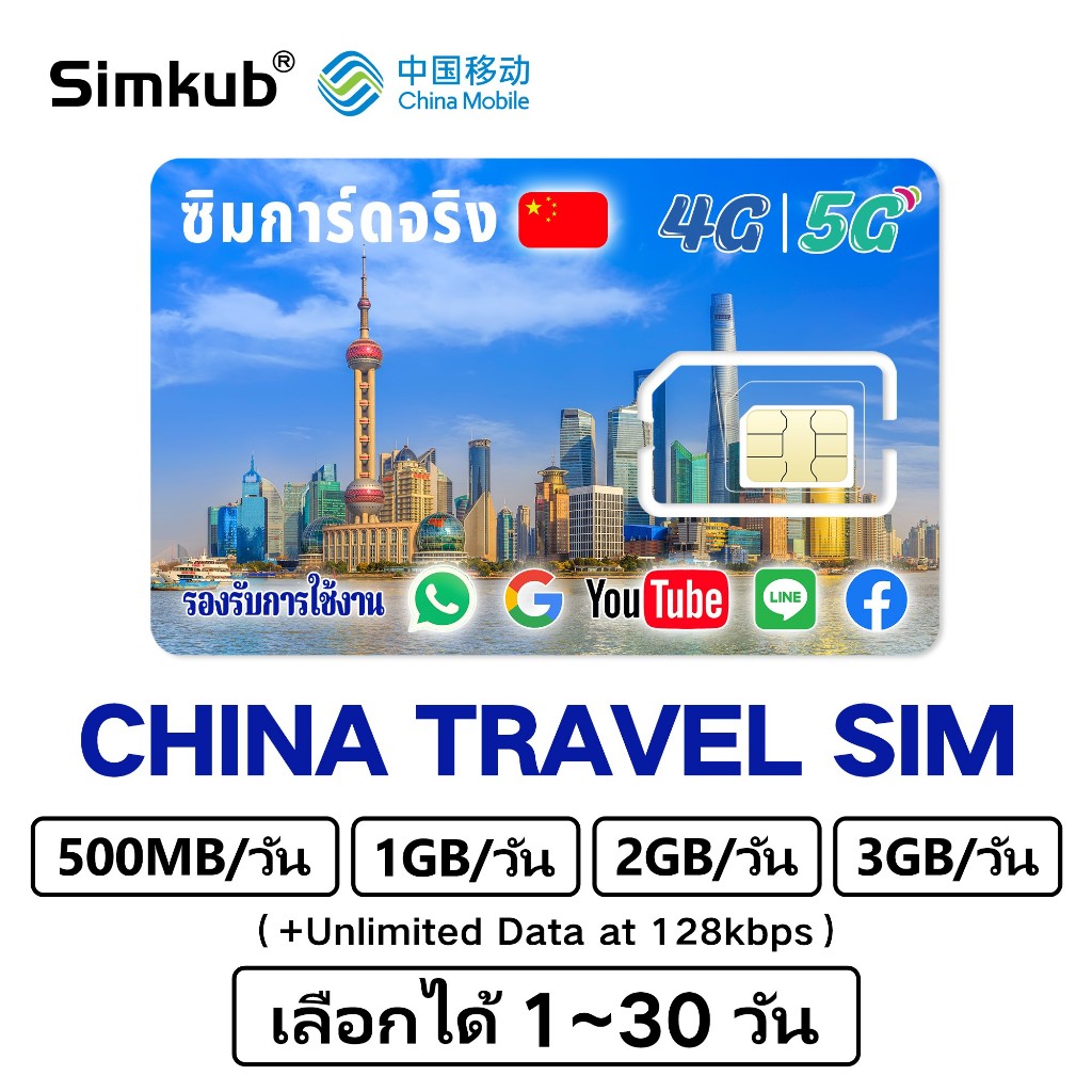 Mainland China SIM ซิมจีน ซิมท่องเที่ยวจีน 5G/4G อินเตอร์เนต 500MB-3GB ...