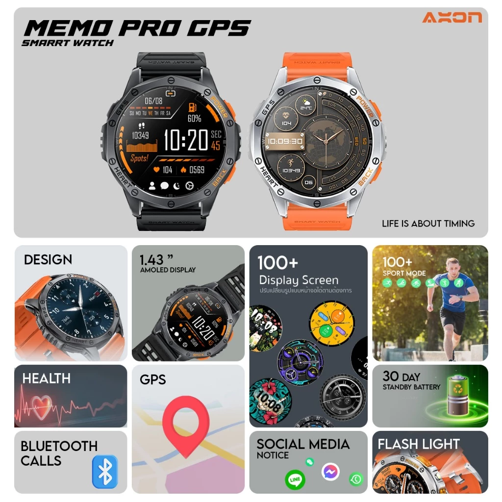 AXON Memo Pro GPS Smart Watch เพื่อสุขภาพ AMOLED 1.43" GPS โทรได้ วัดชีพจร SpO2 รับประกัน 2 ปี
