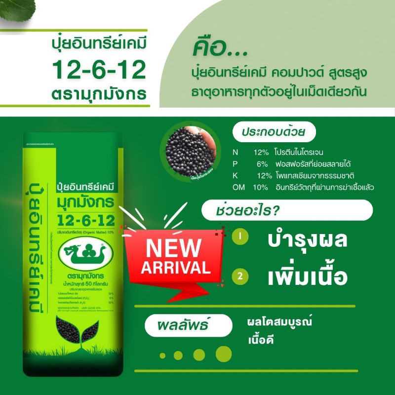 ปุ๋ยมุกมังกร สูตร 12-6-12+OM ปุ๋ยบำรุงผล ส่งฟรี! ปุ๋ยอินทรียเคมี แบบคอมปาวด์