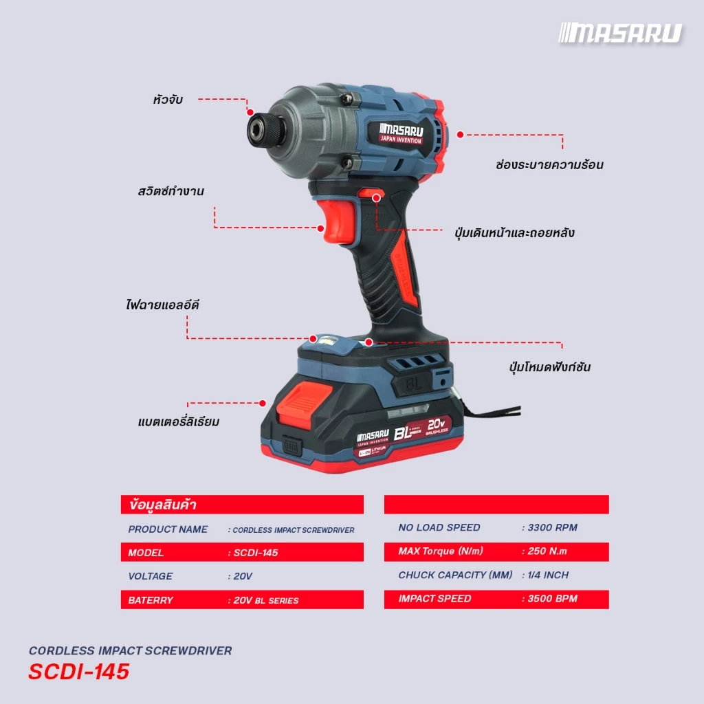 MASARU รุ่น SCDI-145 แรงบิด 250 N.m ไขควงกระแทกไร้สาย 20 V มอเตอร์บลัสเลส สว่านกระแทก สว่านmasaru พร้อมใช้งาน