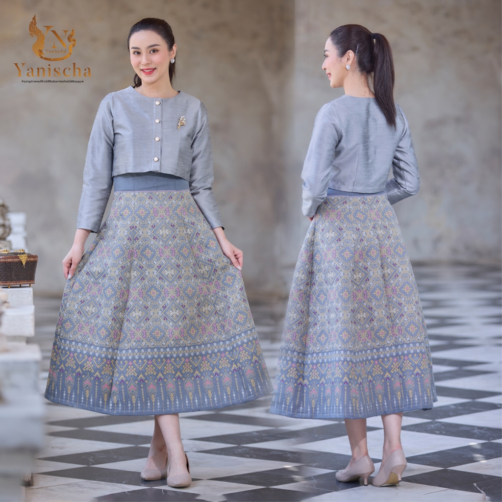 ชุดไทยผ้าไหมสีเทาเงินมงคล เอวสูง ไซส์ M-4XL ชุดออกงาน ไปวัด ทำบุญ มุมมองที่ 2