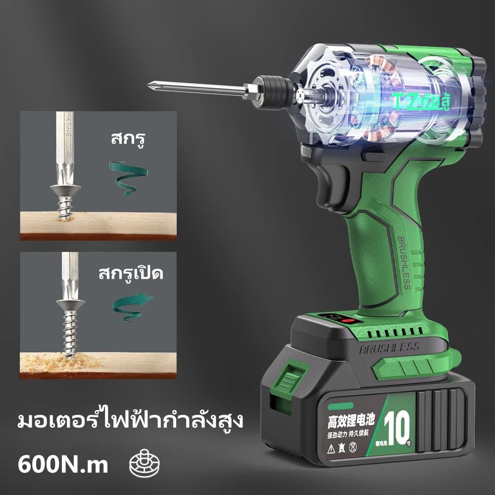 TANZU รุ่น TZ-S-600 แรงบิด 600 N.m ไขควงกระแทกไร้สาย มอเตอร์ไร้แปรงถ่าน ไขควงไร้สาย สว่านไร้สาย 21V พร้อมชุดเครื่องมือ