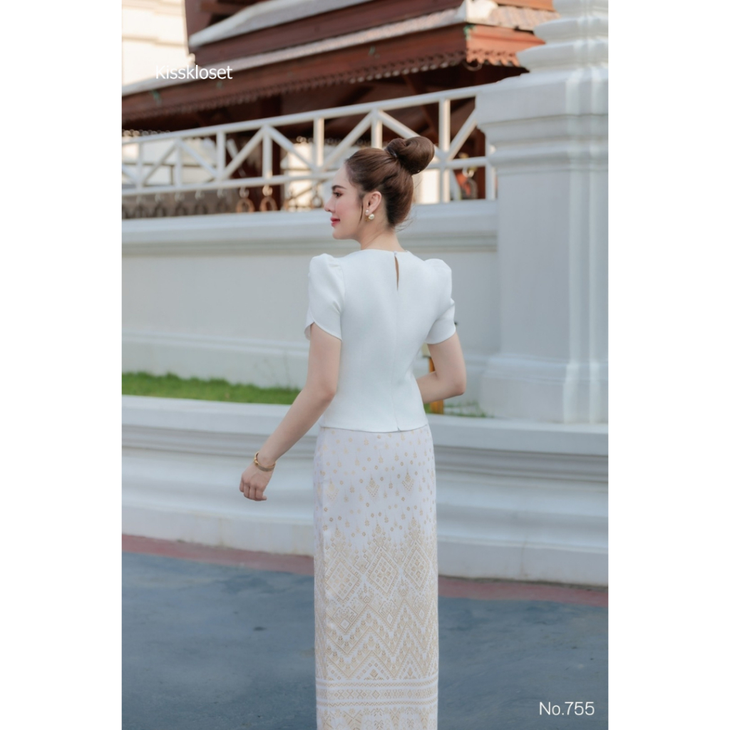 KS755 เซตทำบุญสุดหรู! เสื้อไหมญี่ปุ่นแขนกลีบบัว+กระโปรงลายเทียนหยด ไซส์ S-3XL มุมมองที่ 5