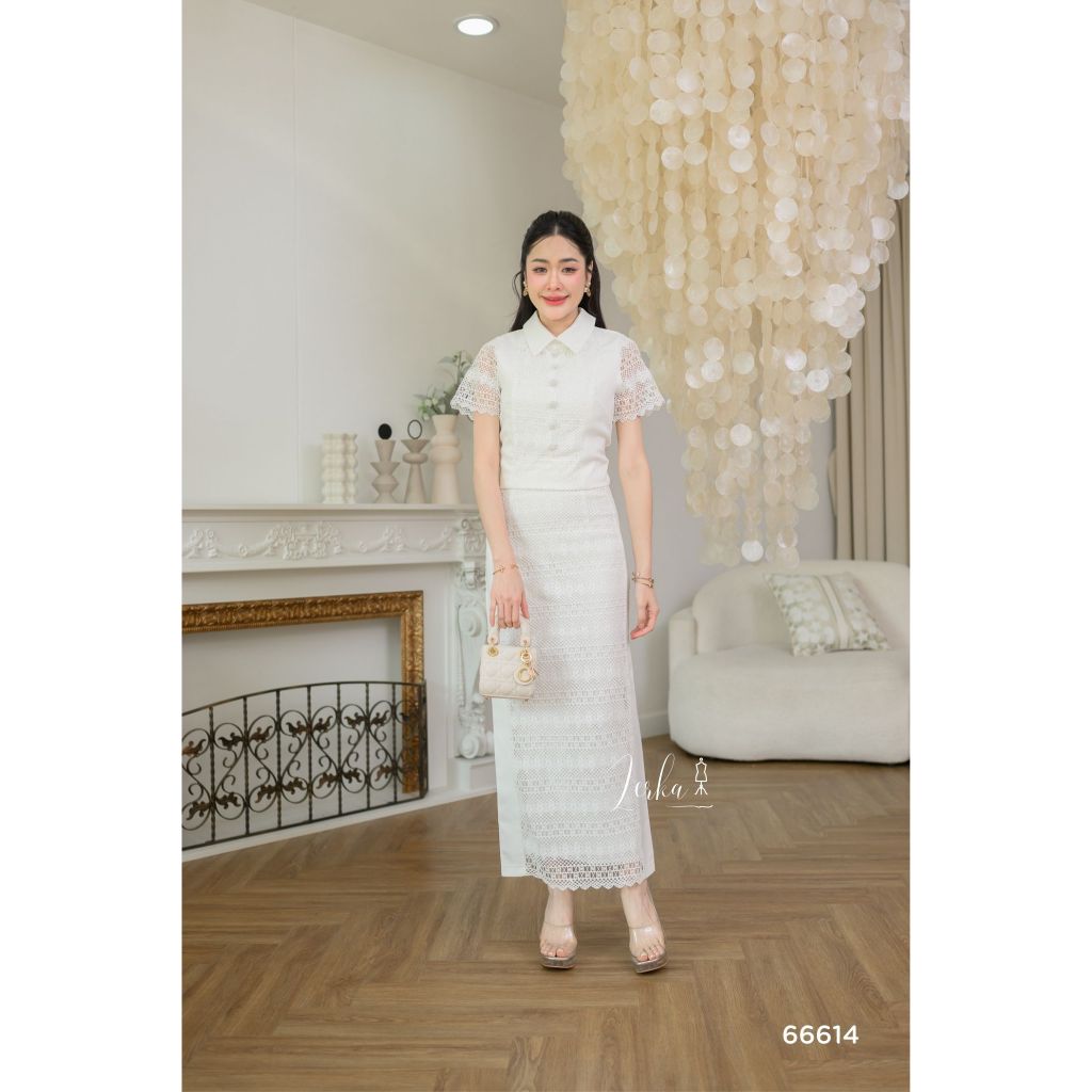 ชุดเซ็ทขาวหรู ใส่ทำบุญ งานบวช ออกงาน ลูกไม้คุณภาพ S-4XL มุมมองที่ 3