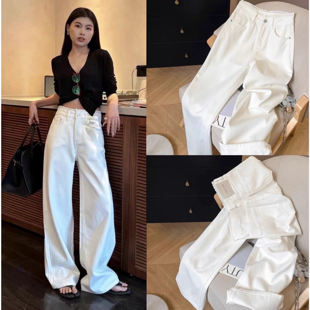 Swan shop กางเกงยีนส์สีขาวขายาวทรงกระบอก  แถบเอวลูกไม้  คุณภาพสูง เนื้อผ้าดีระบายอากาศใส่สบ - 2