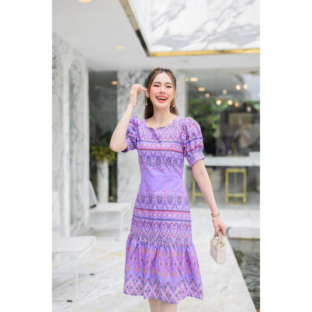 ชุดผ้าไทยโทนม่วงหรู ใส่สบายทุกไซส์ 36-52 พร้อมเชือกรัดเอว มุมมองที่ 5
