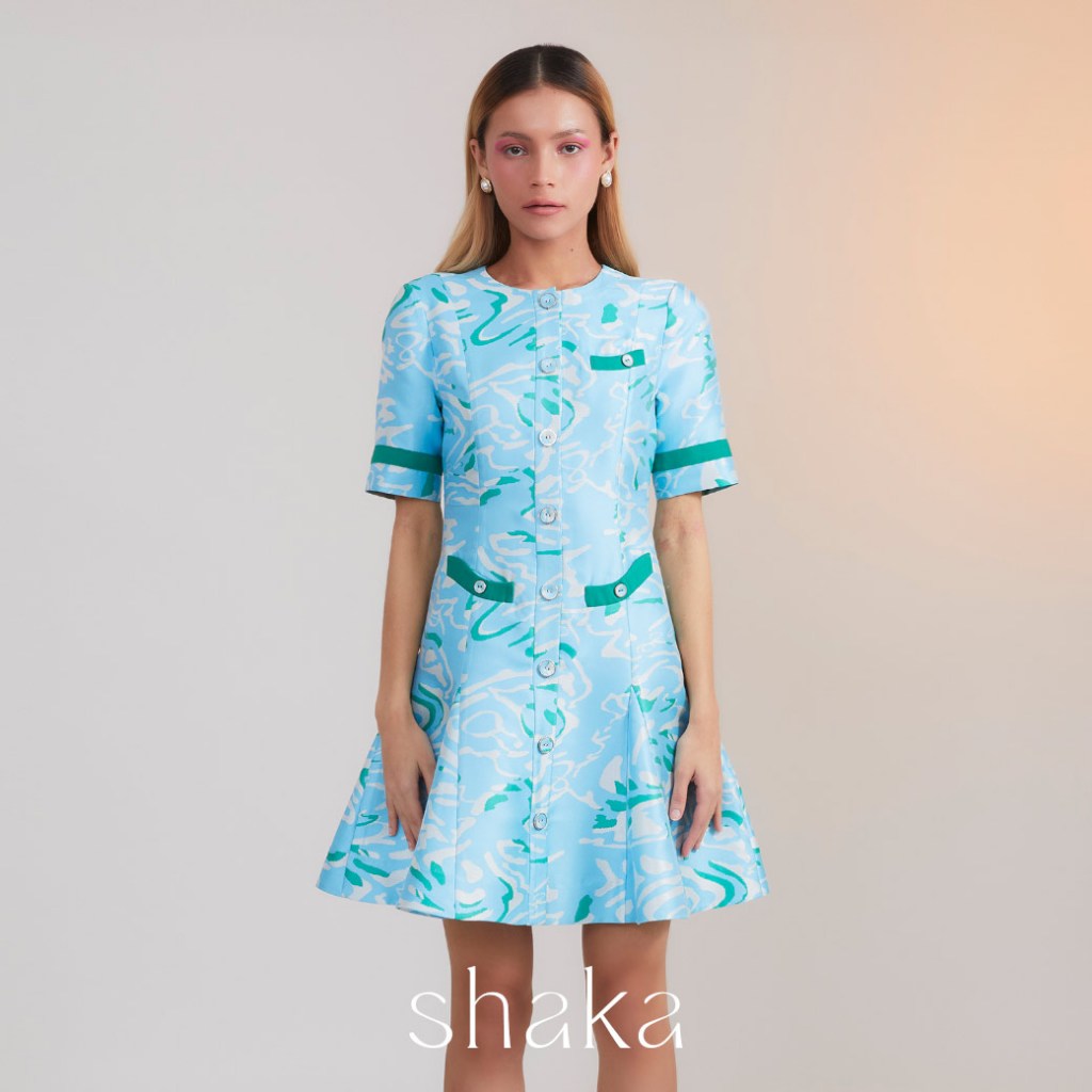 Shaka SS23 Aqua Jacquard House Short Dress เดรสสั้น คอกลม กระโปรงบานทรงเอ DS-8230410