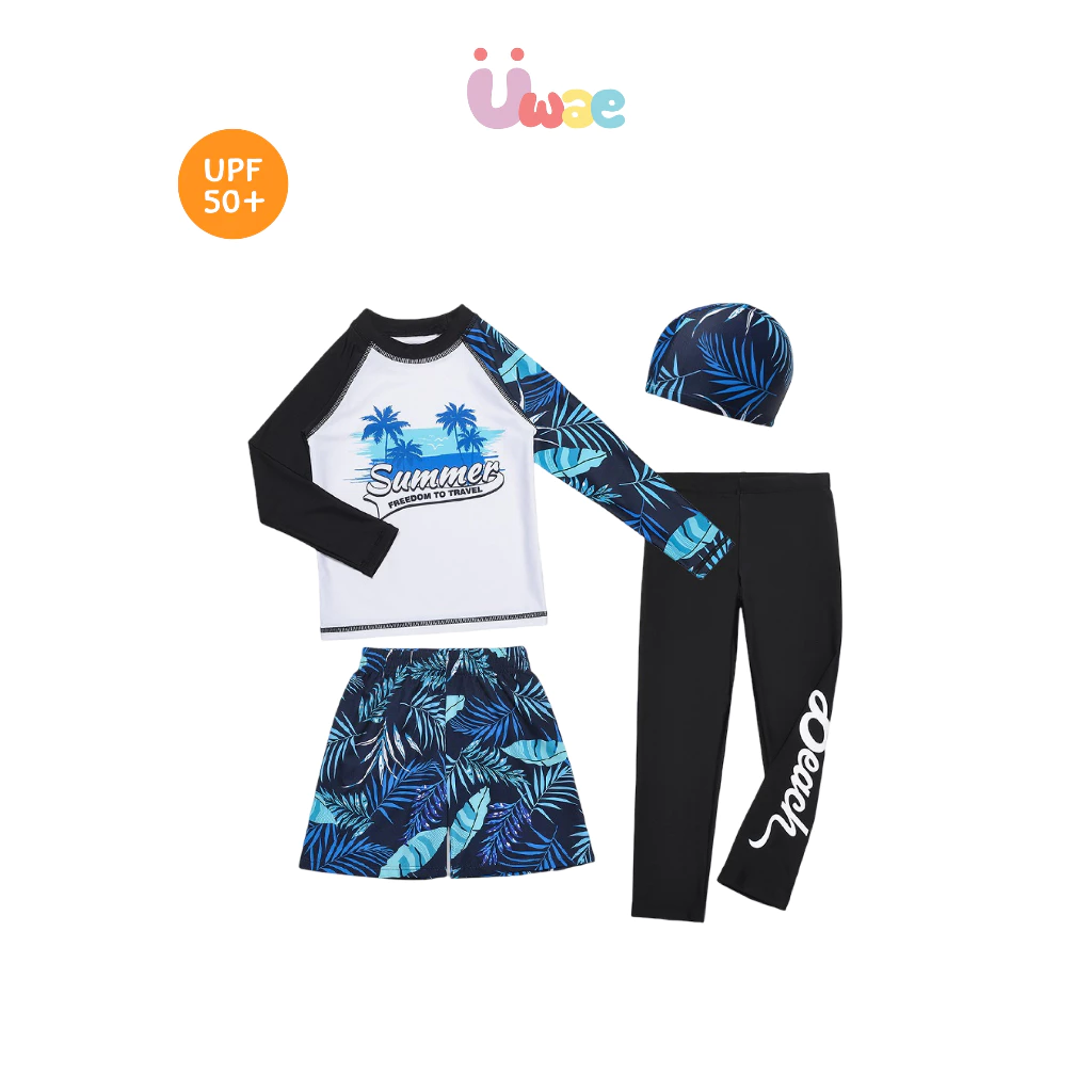 Uwae ชุดว่ายน้ำเด็กกันยูวี เซต 4 ชิ้น เสื้อแขนยาว กางเกงขาสั้นหรือขายาว พร้อมหมวก รุ่น Palm Island UV452