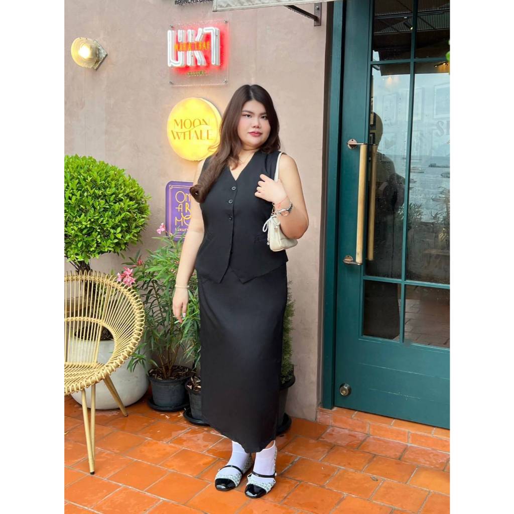CC Plus+ (3315) Set2ชิ้น เสื้อกั๊กกระดุมใช้งานได้จริง+กระโปรงยาว ดีเทล ...