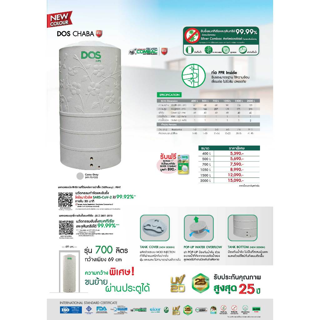 NEW ถังเก็บน้ำบนดิน DOS รุ่น CHABA KV ชบา (HY-72) สีโคโม่ เกรย์ ยับยั้ง ...