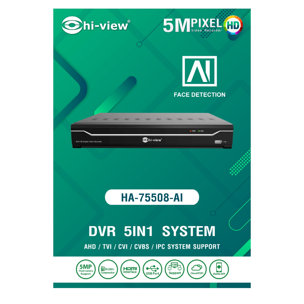 Hi-view เครื่องบันทึกภาพกล้องวงจรปิด DVR 8CH 5MP รุ่น HA-75508-AI ...