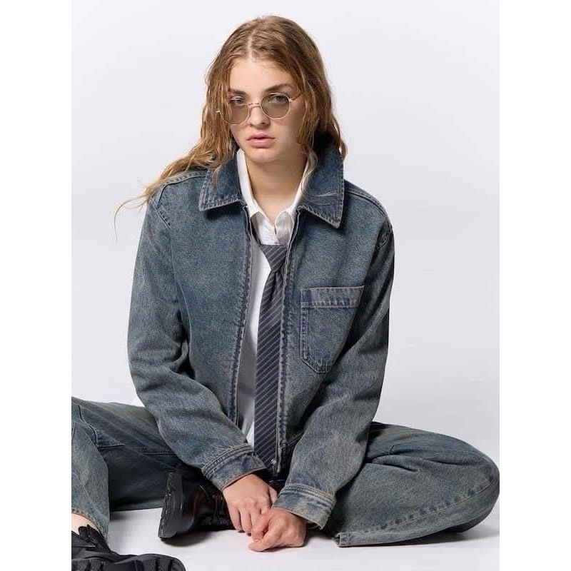 GU Denim Zip-up Jacket แท้ เสื้อแจ็คเก็ตยีนส์ซิปหน้า | Shopee Thailand