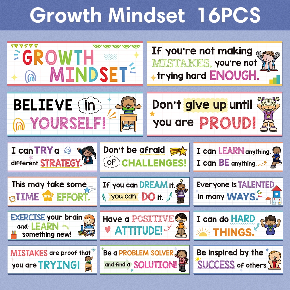 16 Pcs Classroom Growth Mindset Educational English Posters for Kids ...