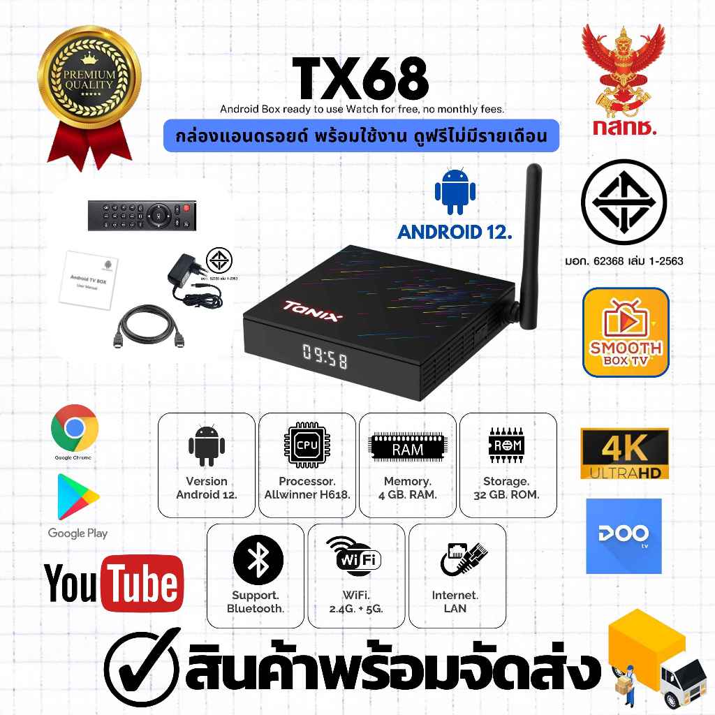 กล่องแอนดรอยด์ Tx68 Android 12 Rom 32GB Ram 4GB Cpu ตัวแรง Allwinner ...