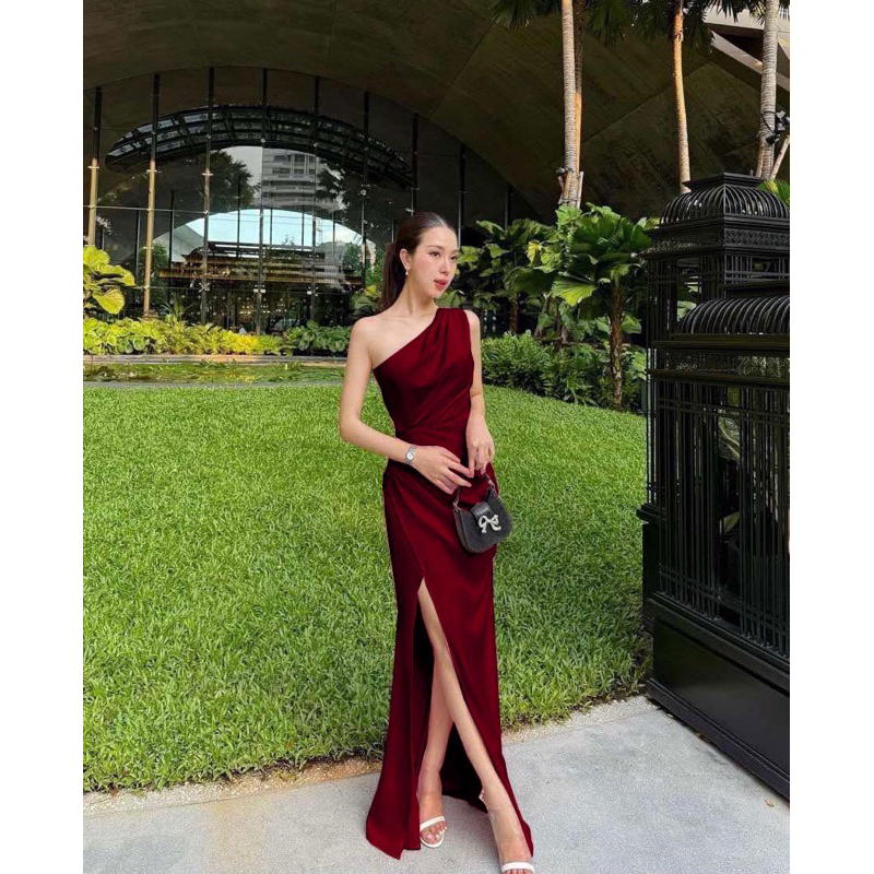 เดรสราตรีไหล่เดียวผ่าหน้า ผ้าซาตินเงา ทรงสวย พรางพุง 5 สี S/M/L มุมมองที่ 5
