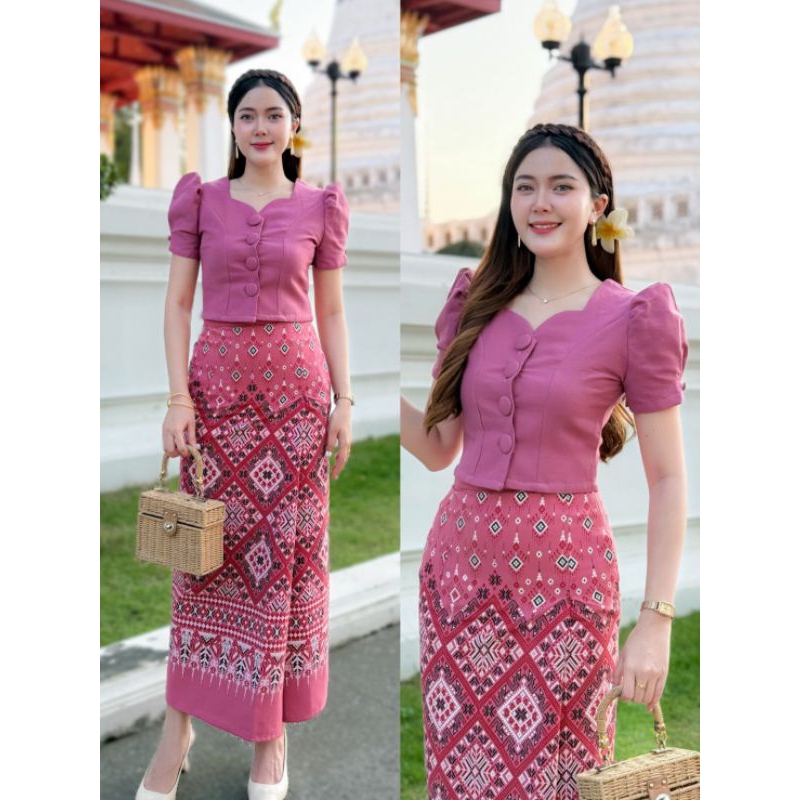 ชุดผ้าไทยเซต2ชิ้นผ้าฝ้ายอัดกาว ใส่สบาย ผ้าถุงสำเร็จซิบข้าง เสื้อหน้าต่อกระดุม มุมมองที่ 3