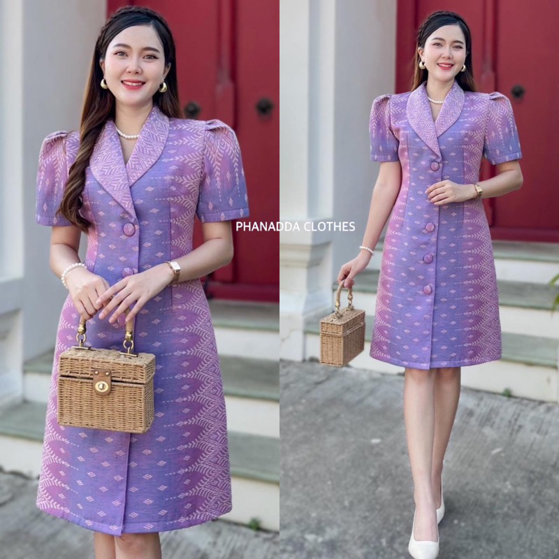 เดรสคอปกกระดุมหน้าผ้าฝ้ายทออัดกาว ใส่ทำงาน-ไปงาน ทรงสวยพอดีตัว มุมมองที่ 5
