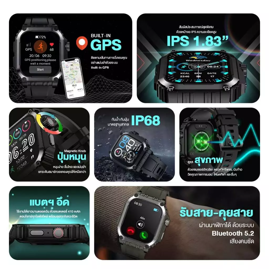 AXON G-Connect Smart Watch หน้าจอ IPS 1.85" รองรับการโทร วัดชีพจร SpO2 ติดตามด้วย GPS - 2Y