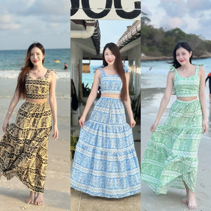 ชุดเซตลายช้าง เสื้อกล้ามครอปปรับสาย กระโปรงยาว