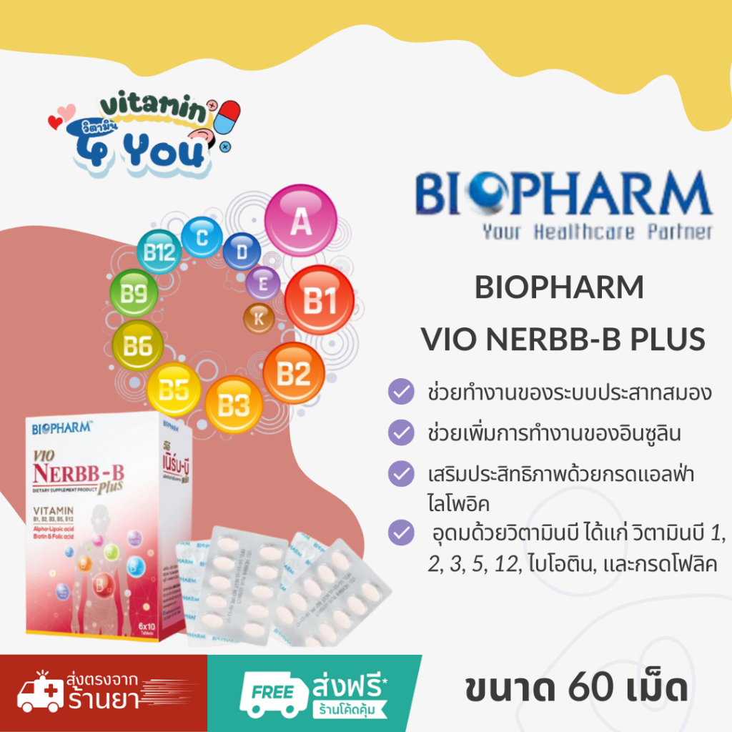 BIOPHARM VIO NERBB-B PLUS ไบโอฟาร์ม วีโอ้ เนิร์บ- บี วิตามิน บี 60 เม็ด ...