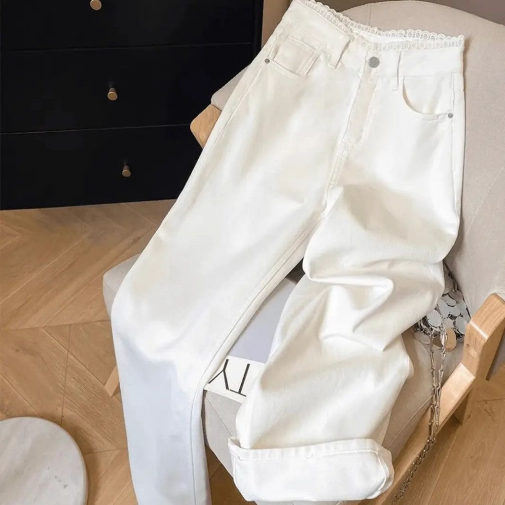 Swan shop กางเกงยีนส์สีขาวขายาวทรงกระบอก  แถบเอวลูกไม้  คุณภาพสูง เนื้อผ้าดีระบายอากาศใส่สบ - 4