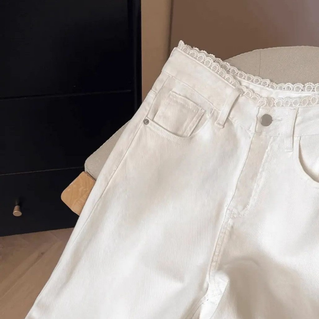 Swan shop กางเกงยีนส์สีขาวขายาวทรงกระบอก  แถบเอวลูกไม้  คุณภาพสูง เนื้อผ้าดีระบายอากาศใส่สบ - 5