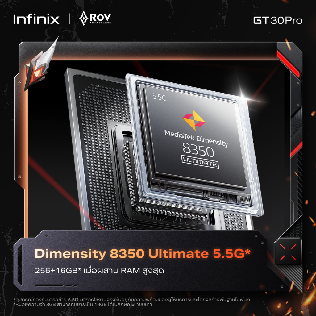 Infinix รุ่น GT 30 Pro สมาร์ทโฟนเกมมิ่ง 256GB RAM 8GB ผสาน RAM 16GB ชิปเซ็ต D8350 5.5G ประสิทธิภาพสูงเพื่อการเล่นเกมโดยเฉพาะ