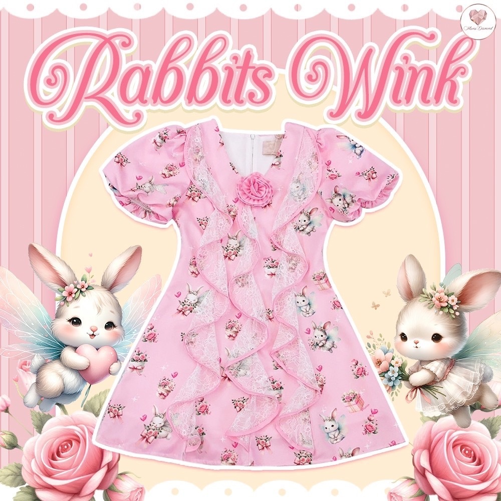 (มี 3XL) Raibbits Wink Dress เดรสสั้นผ้าไหมญี่ปุ่นพิมพ์ลายแต่งระบายผ้า ...