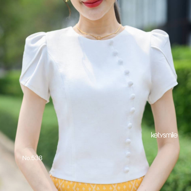 เซตเสื้อไหมญี่ปุ่นแขนกลีบบัว กระโปรงปักทองนูน อัดกาว สีขาวงา S-3XL มุมมองที่ 6