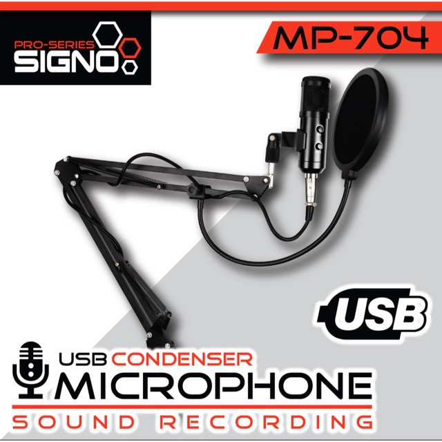 ไมโครโฟน SIGNO MP-704 CONDENSER MICROPHONE BLACK (USB) เซ็ตไมค์พร้อมอุปกรณ์ กันเสียงรบกวน