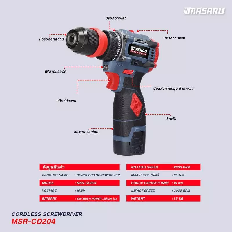 MASARU รุ่น MSR-CD204 แรงบิด 85 N.m สว่านไฟฟ้า ไขควงไฟฟ้าไร้สาย สว่านไขควง สว่านไร้สาย 2 ระบบ มอเตอร์บัสเลส