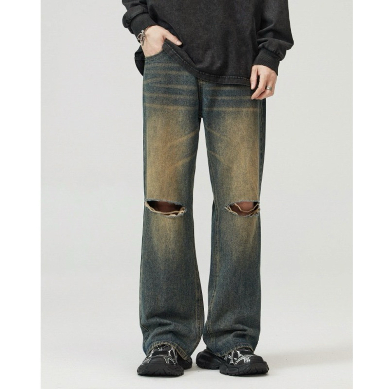 กางเกงยีนส์ทรงกระบอก rust ripped jeans | Shopee Thailand