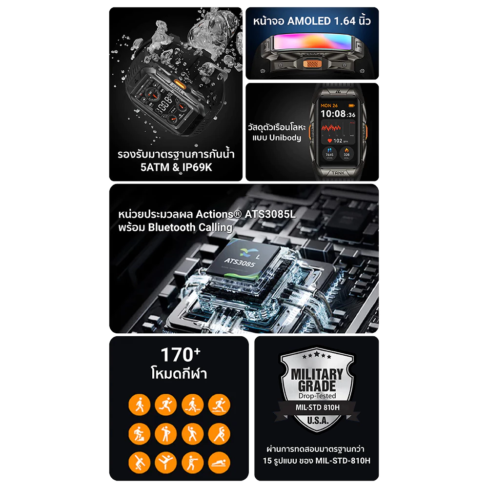 KOSPET TANK X2 สมาร์ทวอทช์ Bluetooth Calling AMOLED 1.64 นิ้ว กันน้ำ 5 ATM + IP69K -2Y https://wayoza.com
