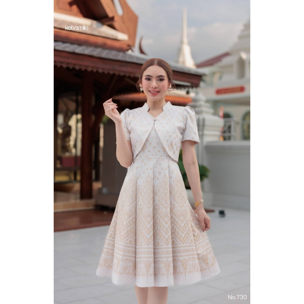 เดรสสีขาวงางานบุญ กระโปรงบานอัดกาว พรางพุง ทรงสวย S-5XL ซิปซ่อนหลัง มุมมองที่ 6